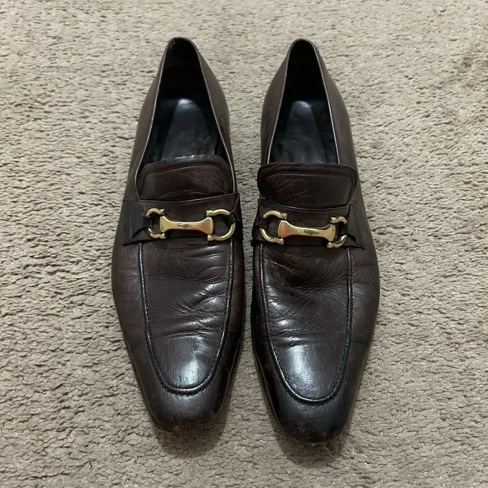 Salvatore Ferragamo Brown Horse Bit Loafers Size 11 D Gancini Leather *READ